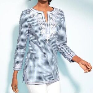 Talbots Navy Gingham Embroidered Tunic Size M